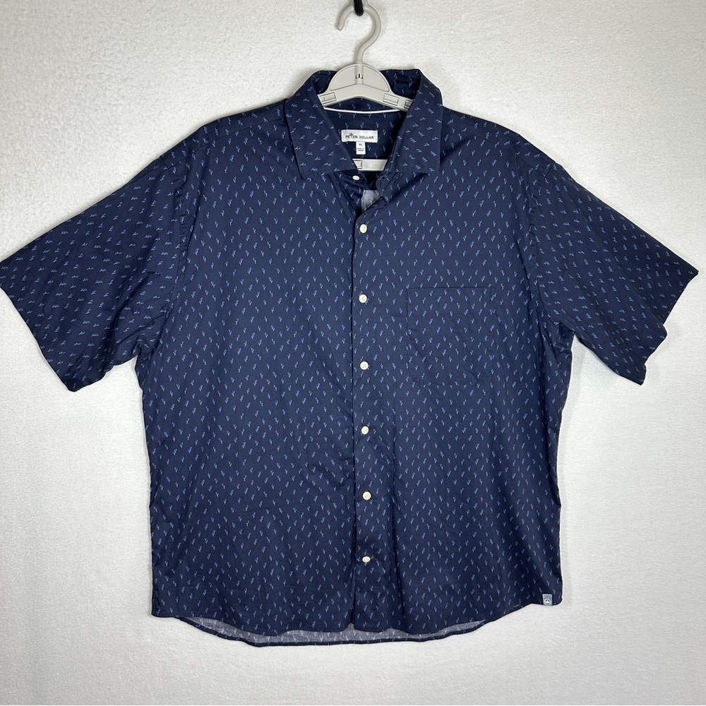 Peter Millar Button Up Casual Shirt Mens XL Blue Tree Print Short Sleeve Stretch